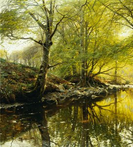 Et skogkledd elvelandskap av Peder Monsted