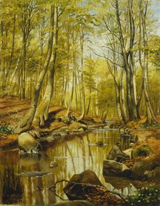 Et skogkledd elvelandskap av Peder Monsted