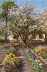 P.Mönsted, blomstrende hage om våren