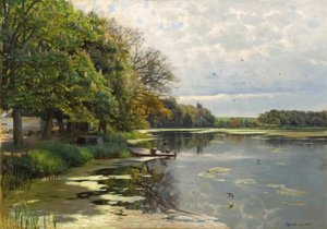 P.Mönsted, solrik vårdag ved vannet av Peder Monsted