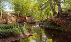 P.Mönsted, solrik dag ved skogsbekken av Peder Monsted