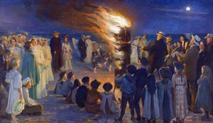Veillee de Saint Jean sur la plage de Skagen (Danmark) - Midtsommeraftens bål på Skagens strand, av Kroyer, Peder Severin (1851-1909). Olje på lerret. Dimensjon: 149,5x257 cm. Skagens museum av Peder Severin Krøyer