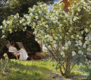 Roser. Marie Krøyer satt i fluktstolen i hagen ved huset til fru Bendsen av Peder Severin Krøyer
