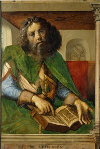 Portrett av Platon (428-348 f.Kr.), filosof i antikkens Hellas. (h s/tre 1,01 x 0,69) maleri av Berruguete Pedro (1450-1504). av Pedro Berruguete