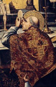 Eukaristien (helgenen reiser verten, et kristent symbol på Kristi legeme). Detalj av altertavlen til Gregor I-messen, kalt den store eller dialogen (540-604) pave i 590. Maleri av Pedro BERRUGUETE (1450-1504). Renessansemaleri, Catal av Pedro Berruguete