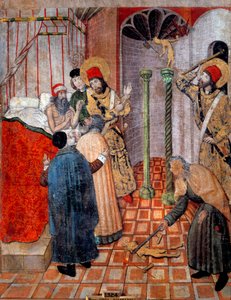 San Sebastian og Saint Polycarp ødelegger idoler. Presten Polycarp og Sebastian ved Prefet of Roma (Chromace) som ba dem advare ham. Sebastien ba ham om å gi fra seg idolene sine først og gi ham tillatelse til å bryte dem. Maleri av Pedro Garcia
