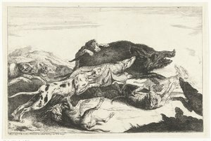 Hunder jager et villsvin av Peeter Boel