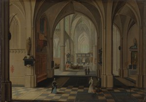 Interiør i en imaginær gotisk kirke, med utsikt mot øst av Peeter Neeffs (I)