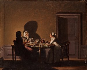 Lesing ved levende lys, par Hillestroem, Pehr (1732-1816). Olje på lerret, størrelse: 41,5x51,5, , Privat samling av Pehr Hilleström