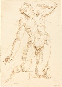 A Male Nude Kneeling   1226092   no       norwegian Successfully Translated  Original: Hond op een hermelijnen mantel op een troon Geordie sits in Charlies chair (title on object) Translat: Hond op een hermelijnen mantel op een troon Geordie sits in Charli