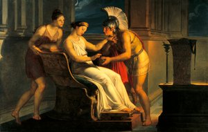 Ariadne gir en tråd til Theseus for å forlate labyrint (olje på lerret)