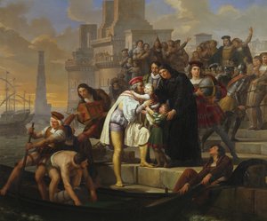 Christopher Columbus omfavner sine to sønner og anbefaler dem til far Giovanni Perez før han forlater Palos på reisen for å oppdage Amerika av Pelagio Palagi