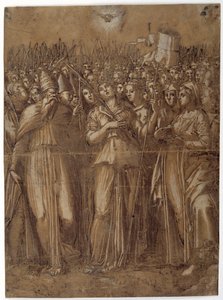 St Ursula med de martyrdøde jomfruene (penn og brunt blekk forsterket med hvit kroppsfarge på papir vasket brunt) av Pellegrino (c.1460 1523) Aretusi