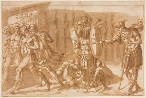 Victorious Soldiers with Trophy, 1550-tallet. av Pellegrino Tibaldi