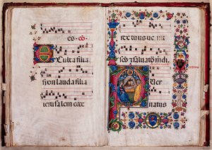 Piccolomini bibliotek: korbok, torsk. 102,8, ff. 47v-48r med "Nativity", av Pellegrino di Mariano.