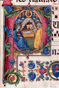 Piccolomini bibliotek: korbok, torsk. 102,8, ff. 48r med "Nativity", av Pellegrino di Mariano. Detalj.