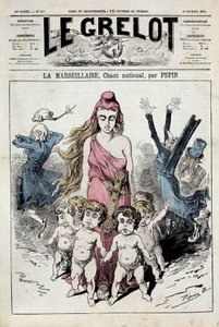 En av "" The bell "" som representerer en allegori av nasjonalsangen "" La Marseillaise """ som rykker frem mens adelen tetter ørene mens de flykter. Illustrasjon av Pepin. 10.02.1878. Privat samling