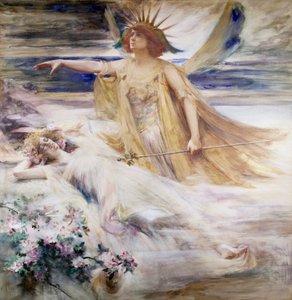 «Det nye århundrets ånd». Allegori om det 20. århundre som reiser seg over det sovende 1800-tallet. Maleri av Percy Anderson (1851–1928) (prerafaelitt) 1900. Privat samling.