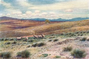 Snødekte fjell nær stedet for den føderale hovedstaden (farge litho)