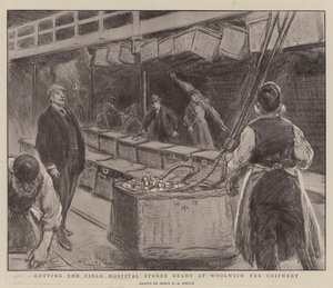 Klargjør feltsykehusbutikkene i Woolwich for forsendelse av Percy F.S. Spence