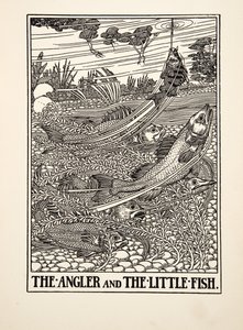Angleren og den lille fisken, fra A Hundred Fables of Aesop, pub.1903 (gravering) av Percy J. Billingshurst