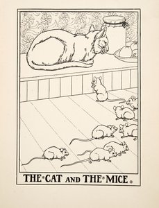 The Cat and the Mice, fra A Hundred Fables of Aesop, pub.1903 (gravering) av Percy J. Billingshurst