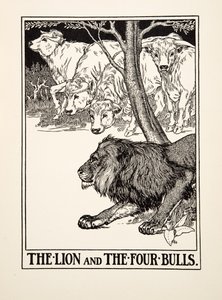 The Lion and the Four Bulls, fra A Hundred Fables of Aesop, pub.1903 (gravering) av Percy J. Billingshurst