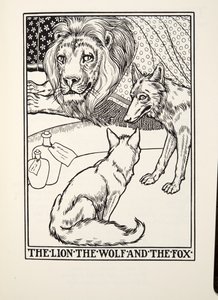 The Lion, the Wolf and the Fox, fra Fontaine Fables, pub. 1905 av Percy J. Billingshurst