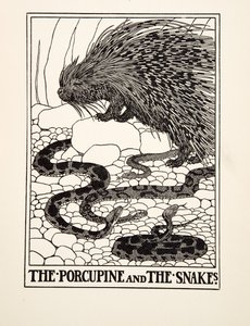 The Porcupine and the Snakes, fra A Hundred Fables of Aesop, pub.1903 (gravering) av Percy J. Billingshurst