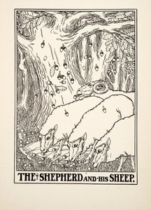 Shepherd and his Sheep, fra A Hundred Fables of Aesop, pub.1903 (gravering) av Percy J. Billingshurst