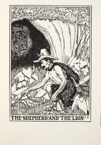 Shepherd and the Lion, fra Fontaine Fables, pub. 1905 av Percy J. Billingshurst