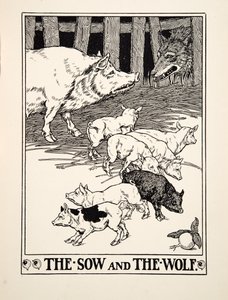 The Sow and the Wolf, fra A Hundred Fables of Aesop, pub.1903 (gravering) av Percy J. Billingshurst