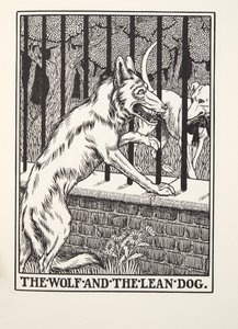 The Wolf and the Lean Dog, fra Fontaine Fables, pub. 1905 (gravering) av Percy J. Billingshurst