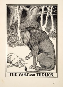 The Wolf and the Lion, fra A Hundred Fables of Aesop, pub.1903 (gravering) av Percy J. Billingshurst