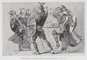 Dans: Vikingenes sverddans rundt de hellige hornene, rundt 900 (litho)
