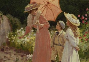 En dame med en parasoll som viser hvordan man lager en jordbærfat av Percy Tarrant