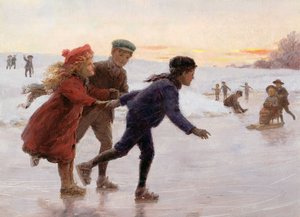 Barn på skøyter (olje om bord)