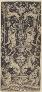 Panel av ornament med to nakne barn på monstrøse beist av Peregrino da Cesena