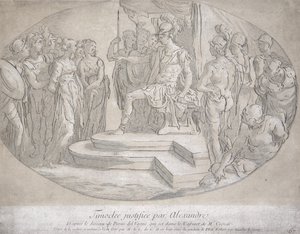 Alexandre et Timoclee, gravert av Nicolas Lesueur (1691-1764) (litho) av Perino del Vaga