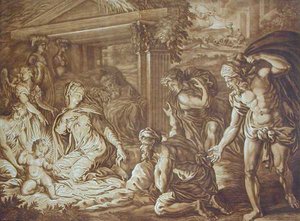 Hyrdenes tilbedelse, gravert av Elishah Kirkhall (1682-1742) 1724 (farge litho) av Perino del Vaga