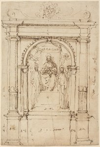 Altertavle av Madonna og barnet med helgener, i sin arkitektoniske setting av Perino del (1501-47) Vaga
