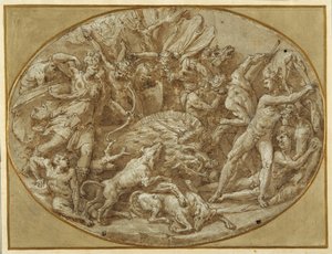 The Hunt of the Calydonian Boar (penn og blekk med brun vask og hvit forhøyning på papir)