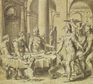 The Banquet of Dido and Aeneas, modell for et billedvev i Story of Aeneas-serien, ca. 1532 (penn og blekk og vask på papir)
