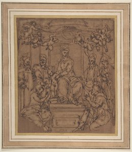 Jomfru og barn på tronen med Saint Anthony Abbed, Saint Peter, Saint Paul..., 1522-23. av Perino del Vaga