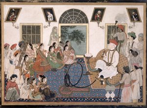 En europeer, sannsynligvis Sir David Ochterlony (1758-1825), i indisk kjole, røykte vannpipe og så på en nautch i huset sitt i Delhi, ca. 1820 (blekk og farger på papir) av Persian School