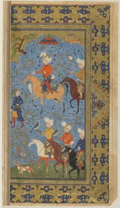 A Royal Hunt from a Shahnama (Book of kings) av Firdawsi, ca. 1590-1600 (blekk, ugjennomsiktig akvarell og gull på papir) av Persian School