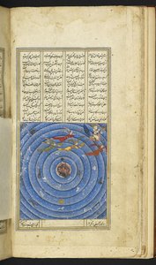 Legg til 6613 f.3v Profeten på Burāq guidet av Jibrā'īl og eskortert av engler som stiger opp til himmelen. Konstellasjonene, stjernetegnene og de syv himlene er alle avbildet, fra 'Makhzan al-Asrār' av Niẓāmi av Persian School