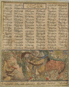 Akrvan Div forbereder seg på å hive den sovende Rustam opp i havet, fra en Shahnama (Kongenes bok) av Firdawsi (d.1020) (blekk, ugjennomsiktig akvarell og gull på papir) av Persian School