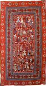 Et brodert oppheng av rød ullduk med rader av figurer som forteller om Josefs liv av Persian School