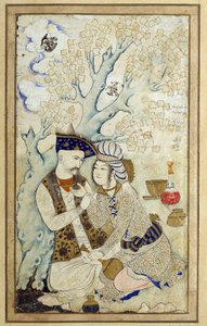 Art Islam: Portrett av Shah Abbas I som omfavner en av sidene hans. Persisk tegning av 1672. Mål: 0,16 x 0,27m. Paris, Musée du Louvre av Persian School